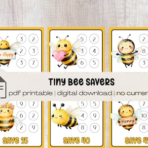 May include: A set of six printable cards with a yellow border, featuring cartoon bees and number puzzles. The cards have the text "Tiny Bee Savers" and "Save 35", "Save 40", and "Save 45". Each bee holds a sign or object.