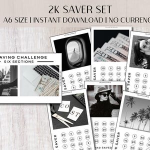 Peut inclure: Ensemble de défis d'épargne imprimables en noir et blanc. Les cartes A6 présentent des images de finances et de style de vie. Chaque carte a une section "Épargne" avec des montants tels que 10, 20, 30, 40 et 50 euros. Le texte "2K Saver Set" est en haut.