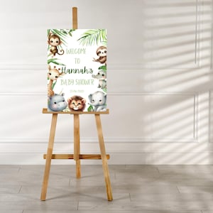 Editable Baby Shower Welcome Sign, Jungle Theme Baby Shower Decor, Jungle Themed Baby Shower Welcome Sign, Jungle Animals Party Decor.