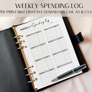 Può includere: Un raccoglitore in pelle nera con un registro delle spese settimanali. Il registro è stampato su carta bianca e include sezioni per ogni giorno della settimana. Una penna nera è appoggiata sulla pagina. Il testo "WEEKLY SPENDING LOG" è in alto.