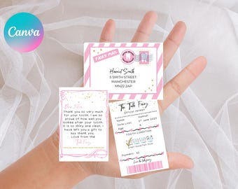 Conjunto de mini recibos editáveis da Fada do Dente em rosa, kit de cartas da Fada do Dente, rosa, certificado para imprimir do primeiro dente perdido (download em PDF)