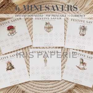 May include: Six square printable savings trackers titled FESTIVE SAVER with holiday illustrations including a sleigh, ornament, lantern, bell, deer, and rocking horse. Each card features circular icons with currency amounts to track savings goals.