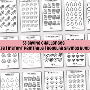 May include: A set of A6 size printable saving challenges. The pages display black and white illustrations of items like musical instruments, houses, and water droplets. The image text reads "53 Saving Challenges | Instant Printable | Regular Savings Bundle."