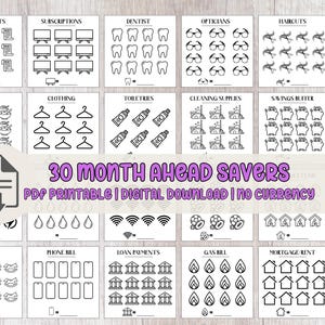 Puede incluir: Un imprimible PDF en blanco y negro con varias categorías financieras, incluyendo pagos de deudas, suscripciones y comidas fuera de casa. El texto "30 Month Ahead Savers" se muestra, con las palabras "PDF Printable | Digital Download | No Currency" debajo.