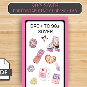 May include: A pink and white digital print with 90s-themed graphics, including a roller skate, flip phone, and cassette tape. The text "BACK TO 90s SAVER" is displayed at the top. The image also includes a PDF icon.