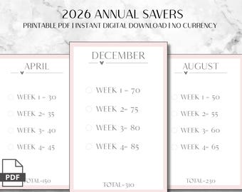2026 Annual 12 Months Savings Challenge: Minimalist Budget Tracker, Monthly Budgeting (Digital Download PDF A4/Letter Size A6 Trackers)