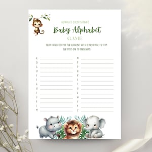 Safari Baby Shower Alphabet Game, Jungle Theme Baby Shower Game, Baby Items Alphabet Game. Printable Baby Shower Game, Editable