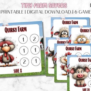 Puede incluir: Un conjunto de juegos imprimibles digitales titulados "Tiny Farm Savers". Cada tarjeta de juego presenta un animal de granja de dibujos animados y las palabras "Quirky Farm". Las tarjetas tienen un fondo de cielo azul e incluyen números para el juego. También está presente el texto "PDF Printable | Digital Download | 6 Games".
