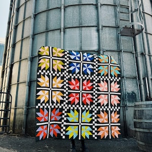 May include: A colorful quilt with a black and white checkerboard pattern and starburst designs in various colors, including pink, blue, yellow, and orange. The quilt is displayed outdoors against a metal structure.