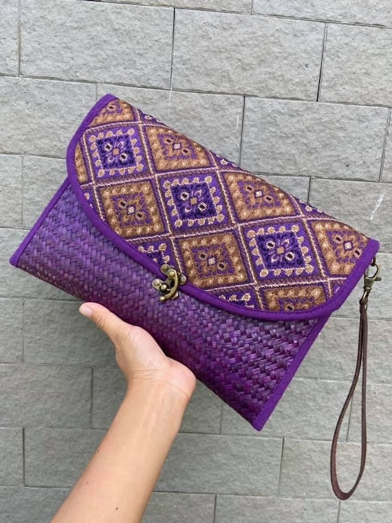 Purple Metallic Crochet Clutch Bag, Handmade Evening Pouch  Purple Woven Clutch Bag display picture 1