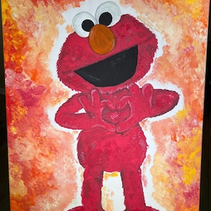 Original Hand Painted Fan Art Elmo Portrait with Heart Hands