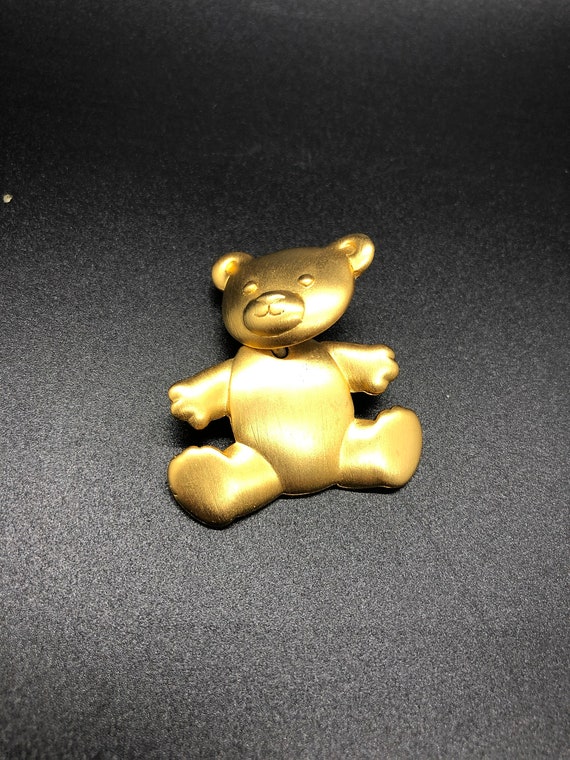 Vintage Signed JJ Gold Tone Teddy Bear Pin Brooch 