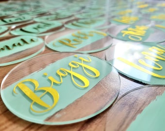 Wedding Engagement Baby Shower | Name cards, name plate, wedding cards, place cards, acrylic coasters, glass coasters around