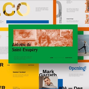May include: A presentation with a green, yellow and orange colour scheme. The presentation includes text such as "Summer Season", "Antoine de Saint-Exupéry", "Mark Garreth", "Opening!" and "#04 - Des".