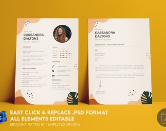 May include: A resume template in PSD format with a modern design featuring a brown and orange abstract shape and a green tropical leaf. The template is easy to edit and includes a cover letter.