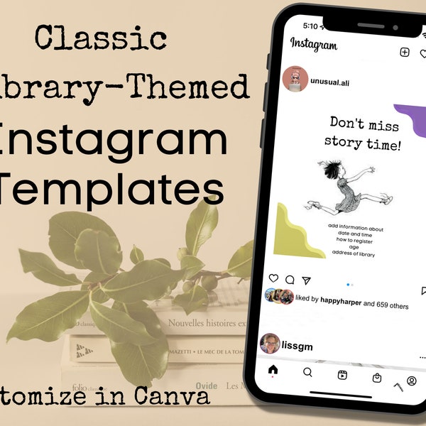 Library Instagram Template | Classic Library Theme Template | Customize and Personalize in Canva | Library Social Media Templates