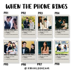 May include: Eight minimalist movie poster designs for the film "When the Phone Rings" featuring different scenes from the film. The posters are in a grid format with the title of the film and the year 2004 printed on each poster.