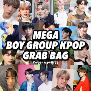 May include: A collage of photos of different K-pop boy band members. The photos are arranged in a grid pattern and have a white background. The text "MEGA BOY GROUP KPOP GRAB BAG Korean prints" is superimposed on the photos.
