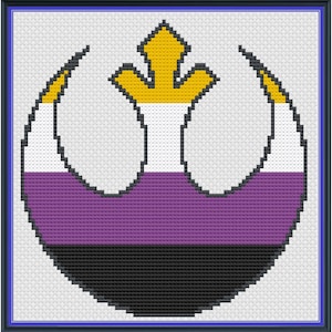 May include: Cross-stitch art featuring a non-binary pride flag design. The design includes a yellow crown, white, purple, black, and yellow accents, set against a white background, framed in a blue border.
