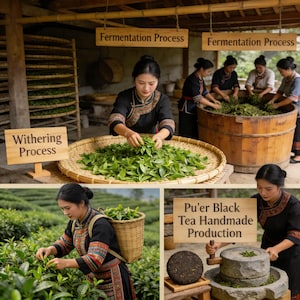 May include: A collage of images depicting the Pu'er tea-making process. Women in traditional clothing are shown sorting tea leaves, with signs indicating the "Withering Process" and "Fermentation Process." The final image shows the "Pu'er Black Tea Handmade Production."