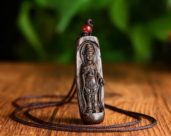 Wooden Guanyin Pendant Necklace Kuan Yin Buddha Carver Jewelry Bodhisattva Necklace Spiritual Zen Gift For Him Her Protection Amulet Pendant