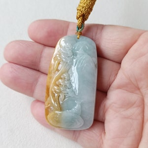 Certified Landscape Honey Yellow Jade Pendant Necklace Natural Jadeite Grade A JP408804