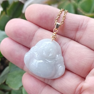Laughing Buddha Jade Pendant Necklace: Grade A Jadeite, 18K Gold Filled