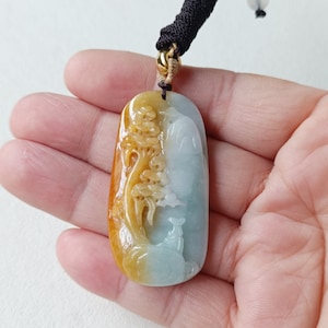 Certified Landscape Honey Yellow Jade Pendant Necklace Natural Jadeite Grade A JP408803