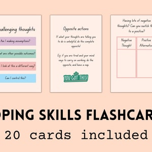 20 Anxiety Coping Skills Cards,  coping cards mindfulness, CBT Therapy, DBT Skills, Self Soothe Coping Strategies, Mental Health Printable