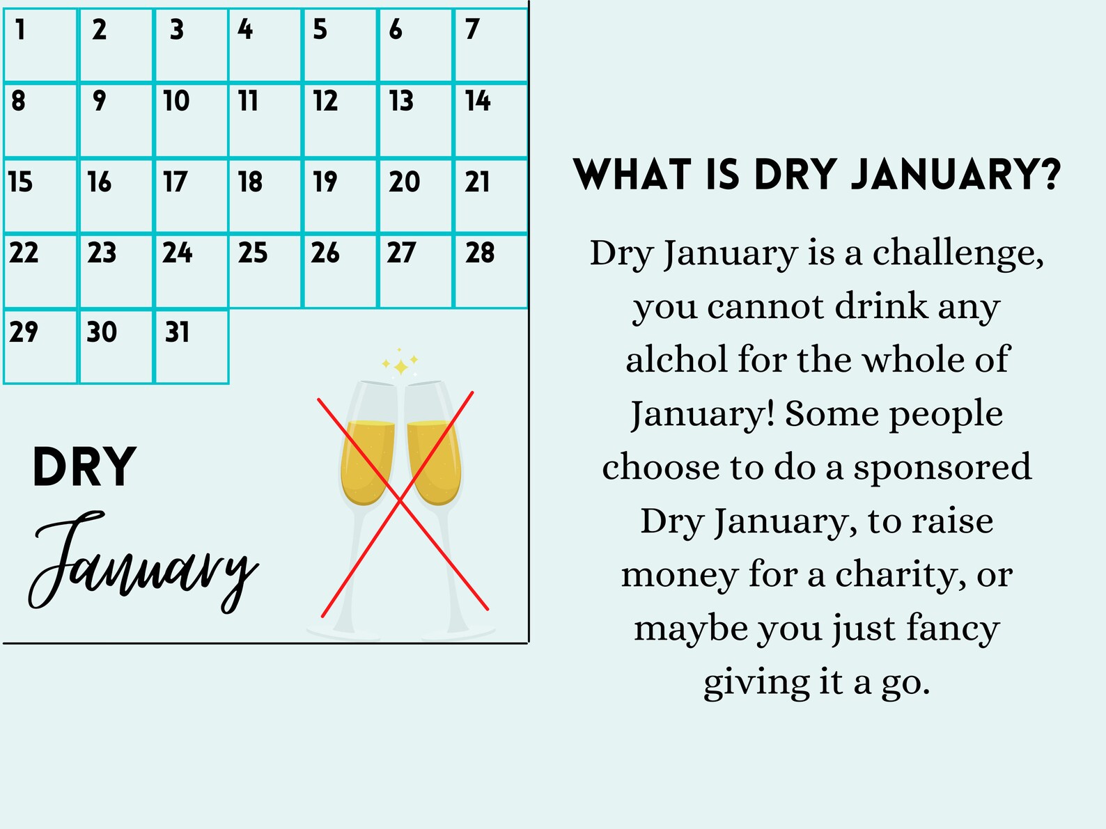 Dry January Calendar Printable Dry January Countdown January | Etsy