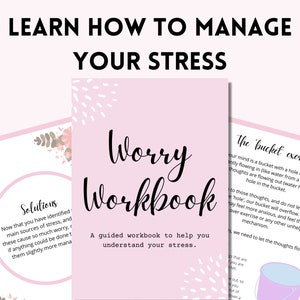 Könnte beinhalten: Ein rosa und weißes Arbeitsbuch mit dem Titel "Worry Workbook: A guided workbook to help you understand your stress." Das Cover zeigt einen rosa Eimer mit einem Loch und den Text "The 'bucket' exercise".