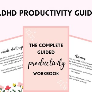 May include: A pink and white productivity guide workbook with the title "The Complete Guided Productivity Workbook". The workbook includes tips for planning and a 25-minute challenge.
