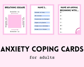 May include: Three pink and blue cards with text and illustrations. The first card is a breathing square exercise. The second card has a list of categories to name five items in each category. The third card is a list of letters to name an animal beginning with each letter.