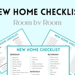 May include: A checklist for a new home, organized by room. The checklist includes items for the kitchen, bathroom, bedroom, and entryway. The checklist is printed on white paper with black text and blue checkboxes.