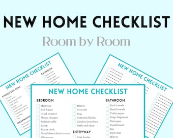 Könnte beinhalten: Eine Checkliste für ein neues Zuhause, sortiert nach Räumen. Die Checkliste enthält Punkte für Küche, Badezimmer, Schlafzimmer und Eingangsbereich. Die Checkliste ist auf weißem Papier mit schwarzem Text und blauen Kontrollkästchen gedruckt.