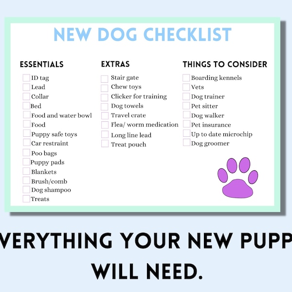 New puppy checklist printable: Puppy supply Checklist, potty training log, socialization list, and training worksheet