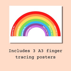 Peut inclure: Trois affiches arc-en-ciel de format A3 avec les mots "Inspirez..." et "Expirez" imprim&eacute;s sur chaque arc. Ces affiches sont con&ccedil;ues pour les activit&eacute;s de tra&ccedil;age au doigt.