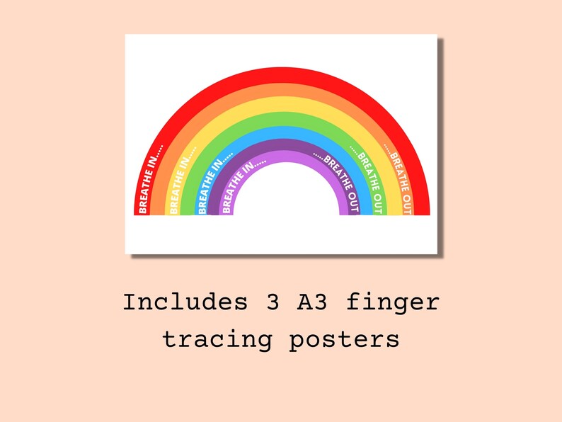 Peut inclure: Trois affiches arc-en-ciel de format A3 avec les mots "Inspirez..." et "Expirez" imprim&eacute;s sur chaque arc. Ces affiches sont con&ccedil;ues pour les activit&eacute;s de tra&ccedil;age au doigt.