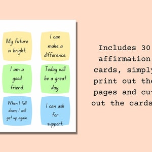 Peut inclure: Cartes d'affirmation imprimables avec des messages positifs comme "Mon avenir est brillant." et "Je peux faire la diff&eacute;rence."  Comprend 30 cartes, il suffit d'imprimer les pages et de d&eacute;couper les cartes.