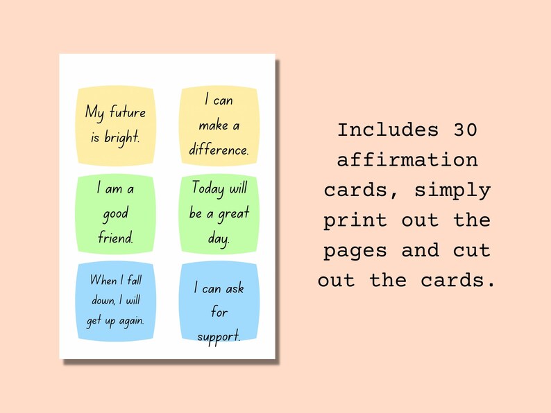 Peut inclure: Cartes d'affirmation imprimables avec des messages positifs comme "Mon avenir est brillant." et "Je peux faire la diff&eacute;rence."  Comprend 30 cartes, il suffit d'imprimer les pages et de d&eacute;couper les cartes.