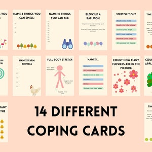 Peut inclure: Un jeu de 14 cartes de coping color&eacute;es avec diverses activit&eacute;s pour aider &agrave; g&eacute;rer le stress et l'anxi&eacute;t&eacute;. Les cartes pr&eacute;sentent des illustrations d'un ballon, d'un tourbillon, d'un animal de ferme, d'une personne qui s'&eacute;tire, d'un arbre avec des pommes, d'une for&ecirc;t, d'une fleur et d'une balle de tennis. Le texte sur les cartes comprend des instructions pour chaque activit&eacute;, telles que "Nommez 3 choses que vous pouvez entendre" et "Comptez combien de pommes il y a sur l'arbre".