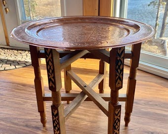 Handcrafted Moroccan Tea Table: Vintage Wood & Brass Folding Table