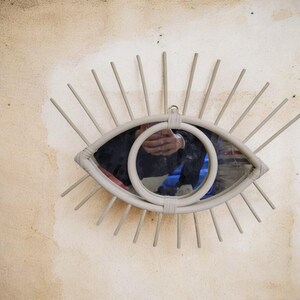 Moroccan Handmade Wood Raffia Mirror Eye 21x42cm, Boho Wall Decor, Unique Home Decor, Handcrafted Mirror
