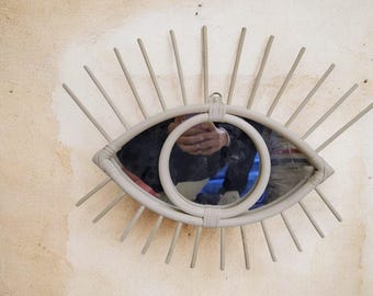 Moroccan Eye Mirror: Handmade Raffia & Wood Boho Wall Decor (21x42cm)