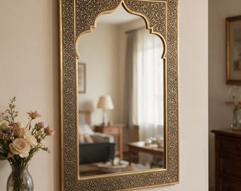 Handcrafted Moroccan Arched Wall Mirror, Ornate Brass Frame, Islamic Floral Decor