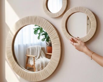 Handmade Raffia Woven Mirror, Boho Coastal Japandi Wall Decor