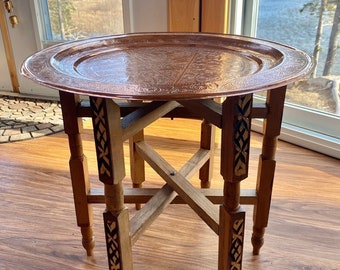 Gift+Moroccan Handmade Tea Table folding Wood Stand , Vintage, Deco, Home & Living table Handcrafted Round Brass Tray Tea