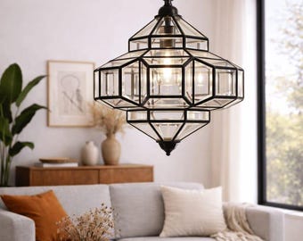Moroccan Glass Pendant Light, Black Metal Lantern, Clear Beveled Glass Ceiling Fixture
