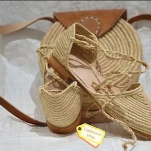 Handmade Raffia Sandals: Moroccan Berber Mules with Cotton Bag