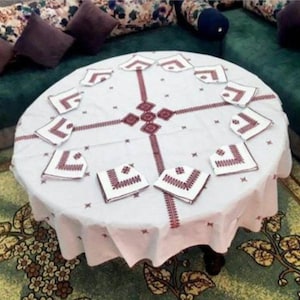 Handmade Moroccan Embroidered Tablecloth Set: Cotton Table Linens